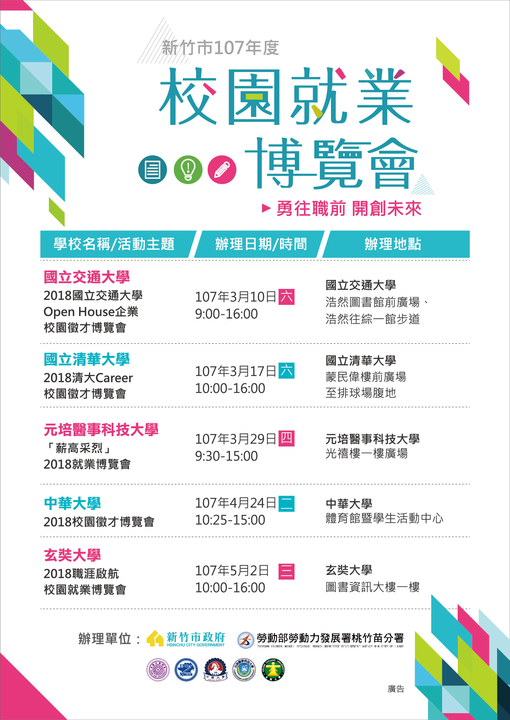 新竹市5所大學就業博覽會將於107年3月10日、3月17日、3月29日、4月24日及5月2日辦理。|